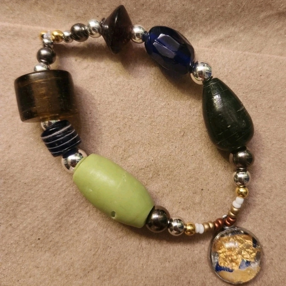 Mismatched Beaded Bracelet | Handmade Glass + Metallic + Custom Pendant | 6"